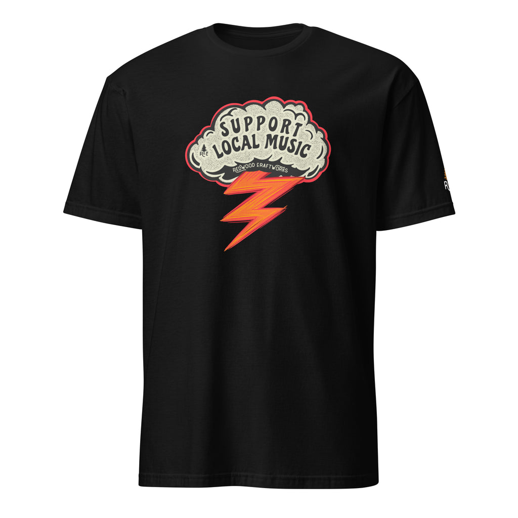 Product mockup of Support Local Music | Guitar Wing Tee in Black