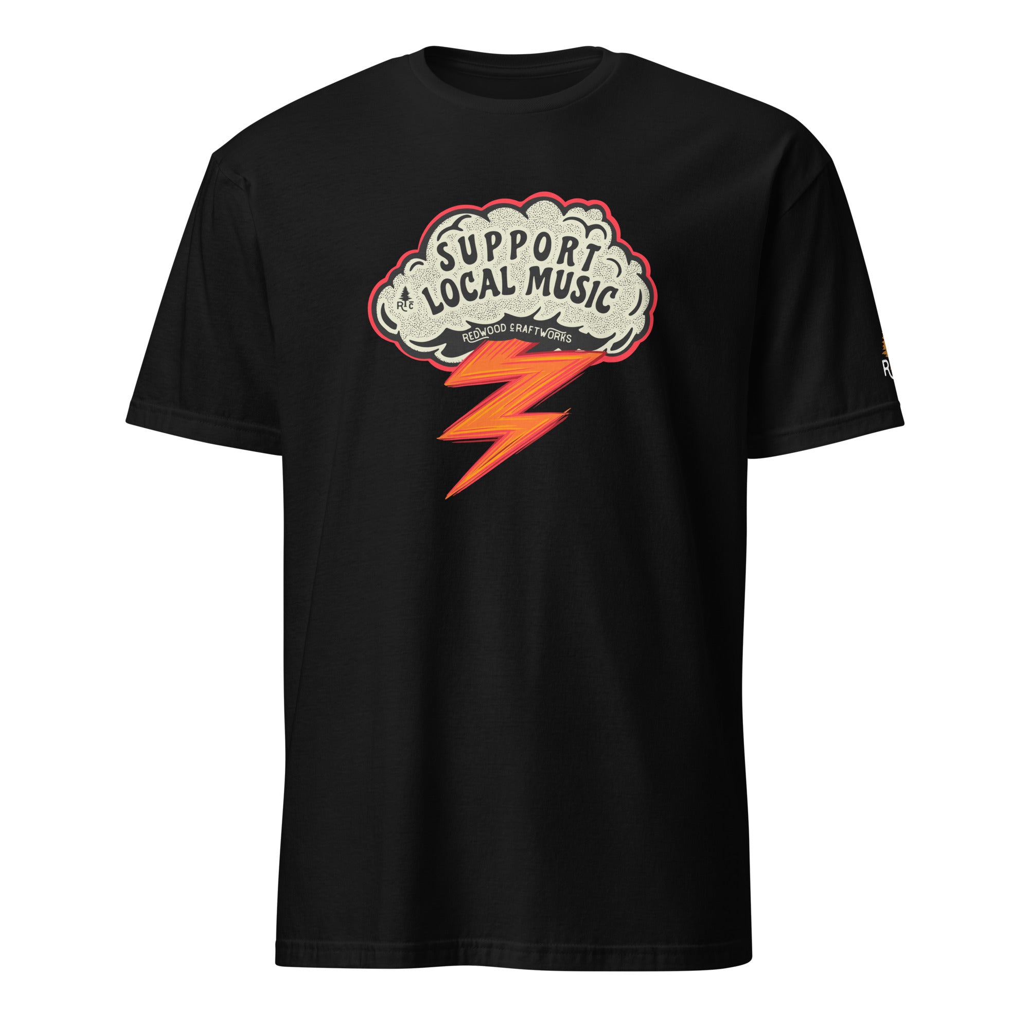 Product mockup of Support Local Music | Guitar Wing Tee in Black
