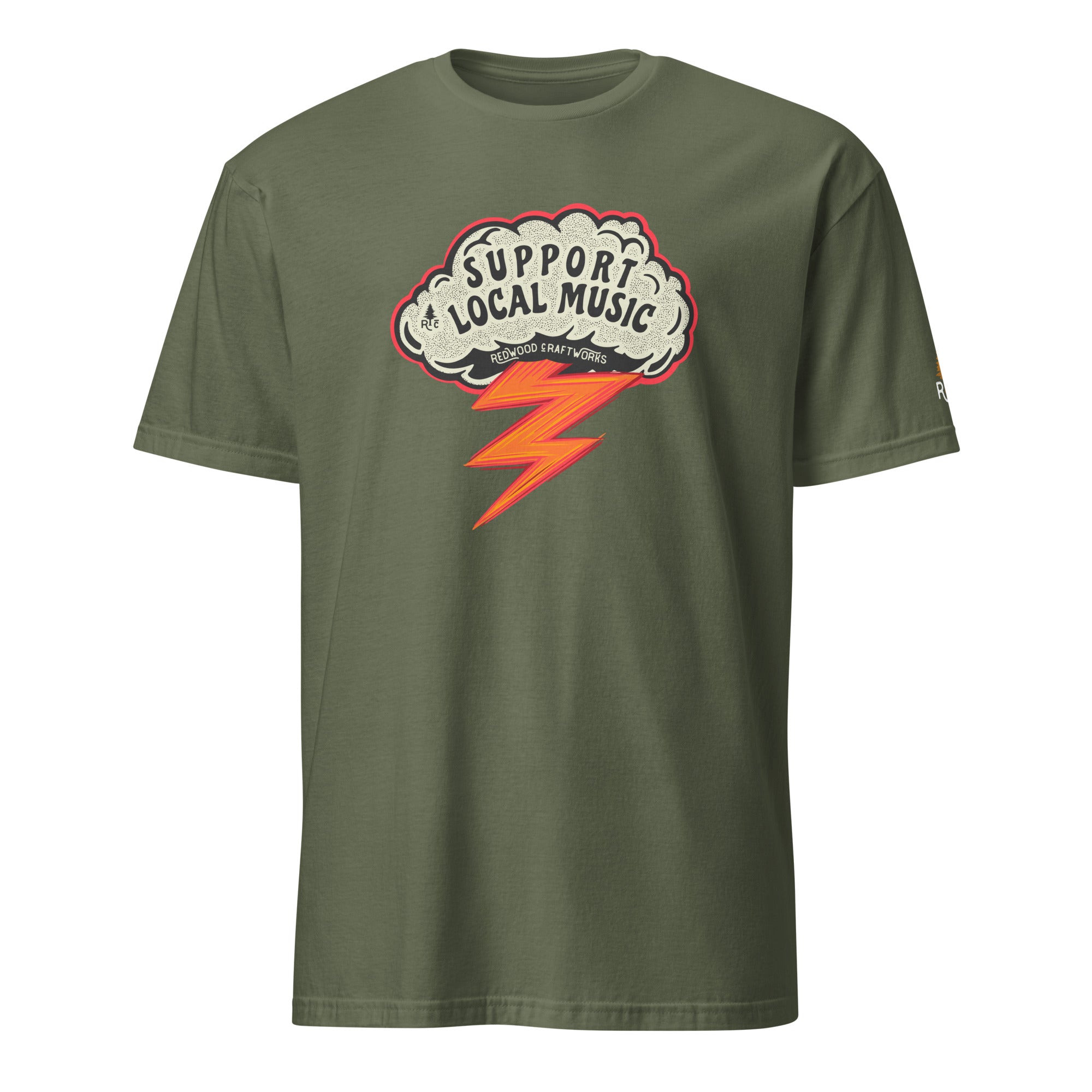 Product mockup of Support Local Music | Guitar Wing Tee in Military Green
