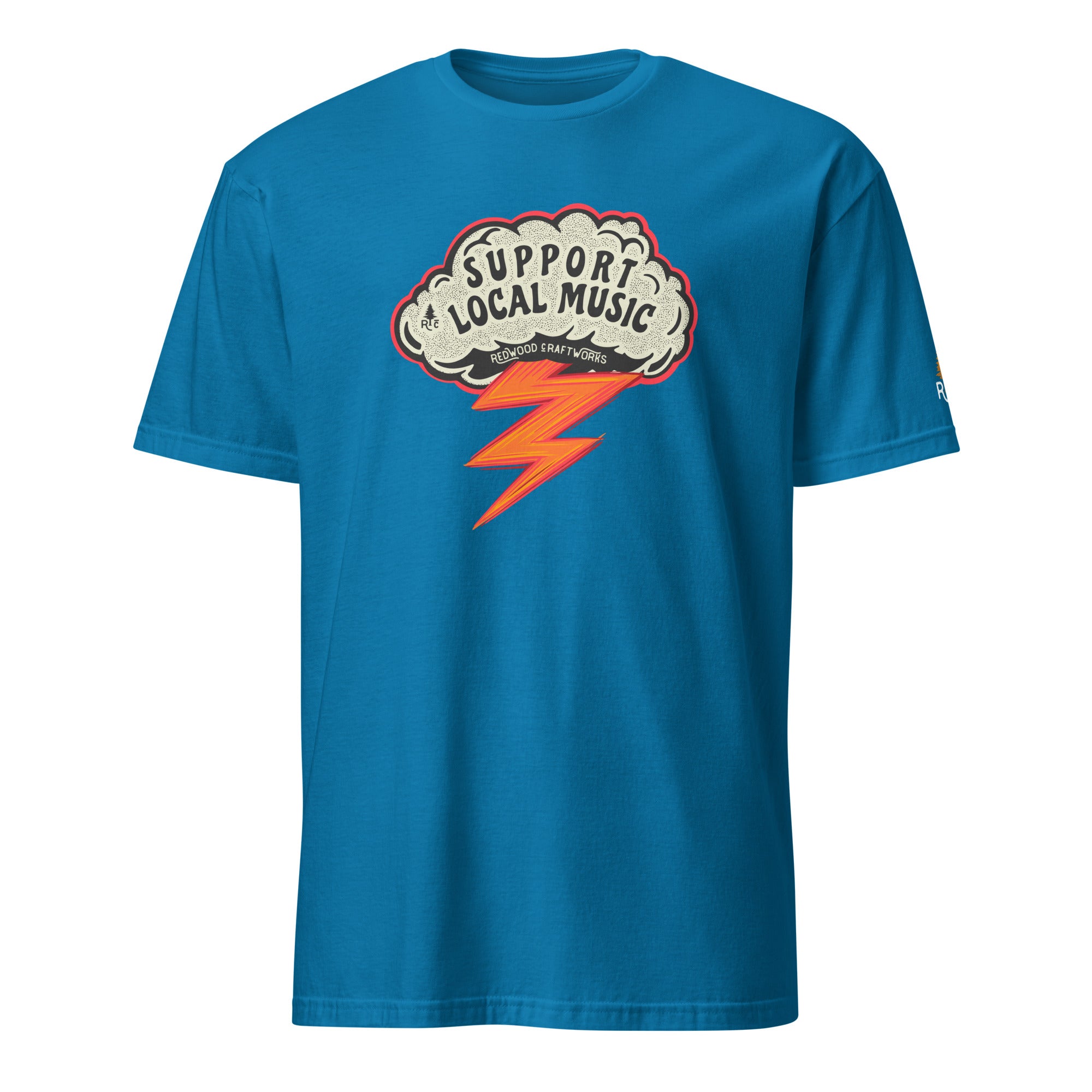 Product mockup of Support Local Music | Guitar Wing Tee in Sapphire