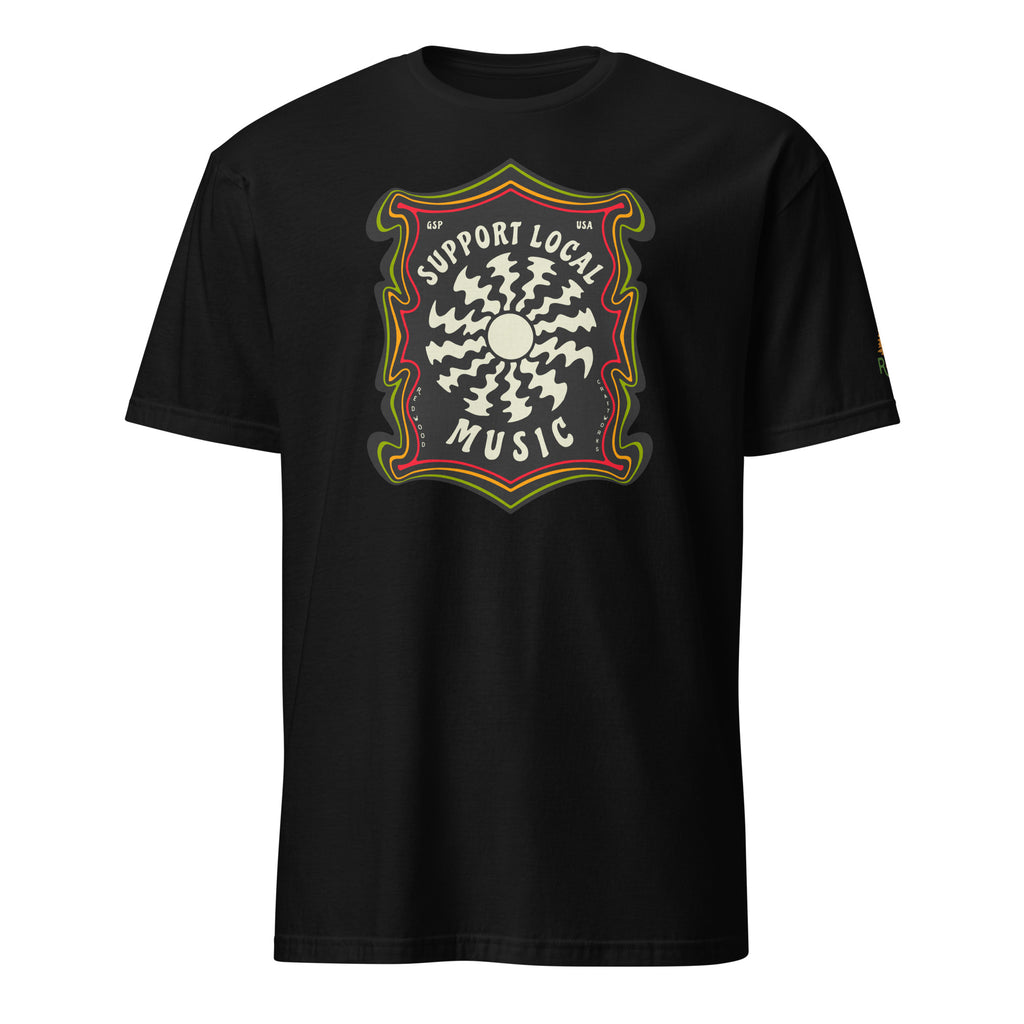 Product mockup of Support Local Music | Groovy Record Tee in Black
