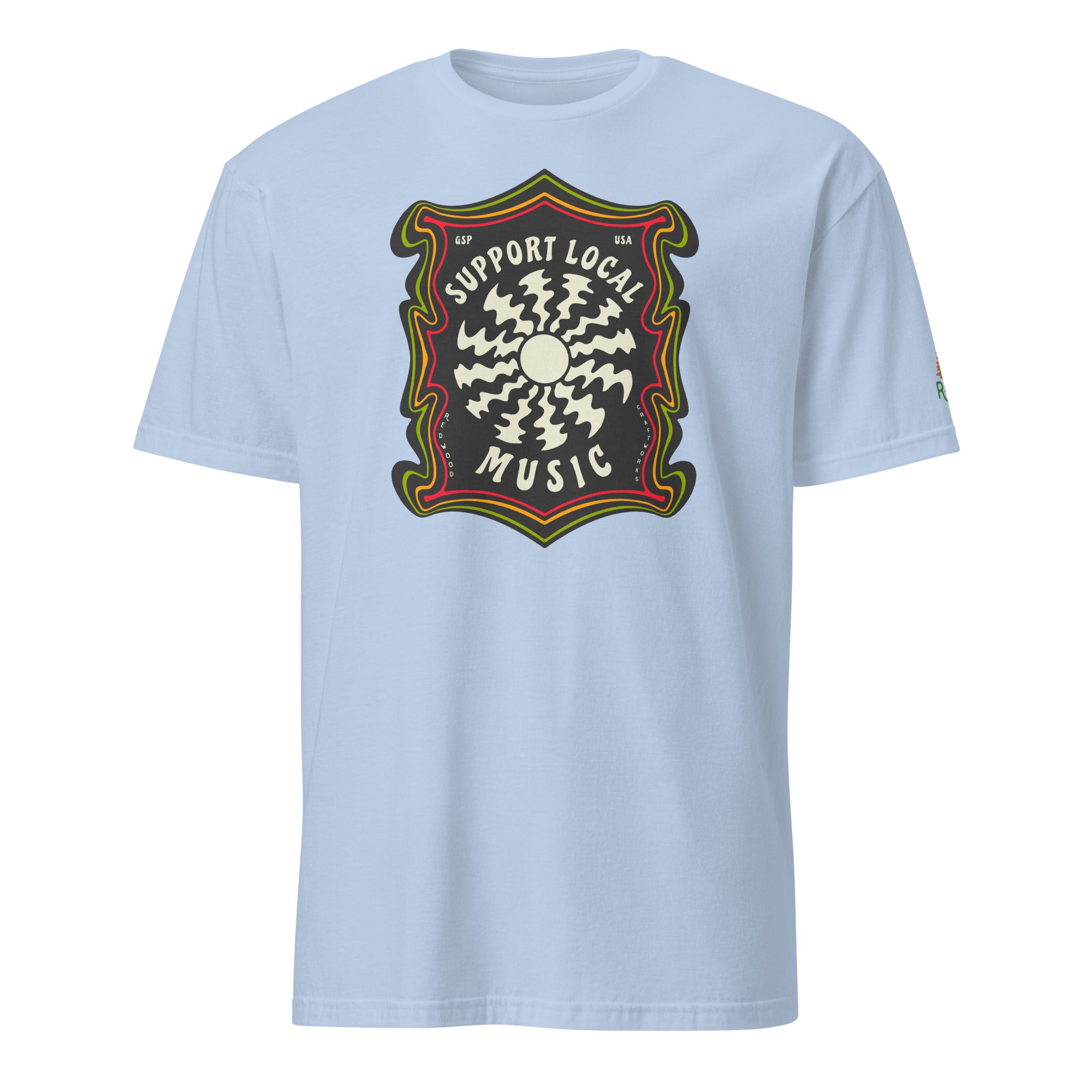 Product mockup of Support Local Music | Groovy Record Tee in Light Blue