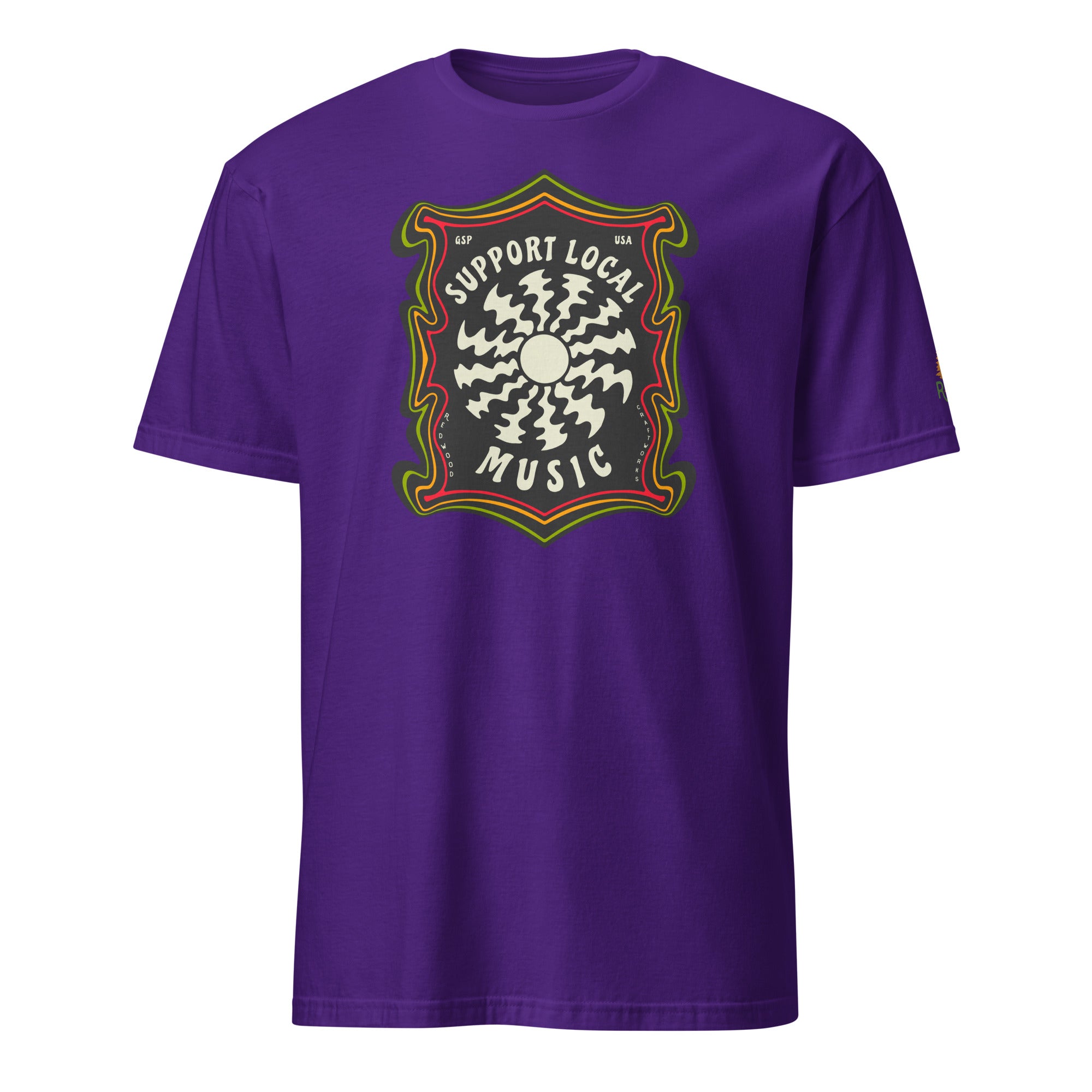 Product mockup of Support Local Music | Groovy Record Tee in Purple