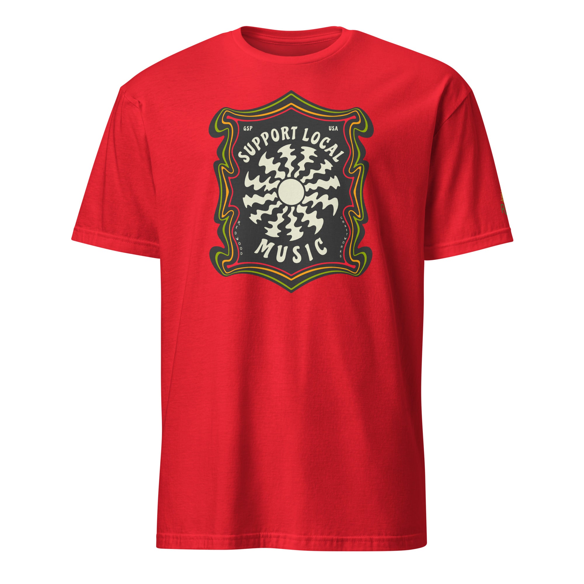 Product mockup of Support Local Music | Groovy Record Tee in Red
