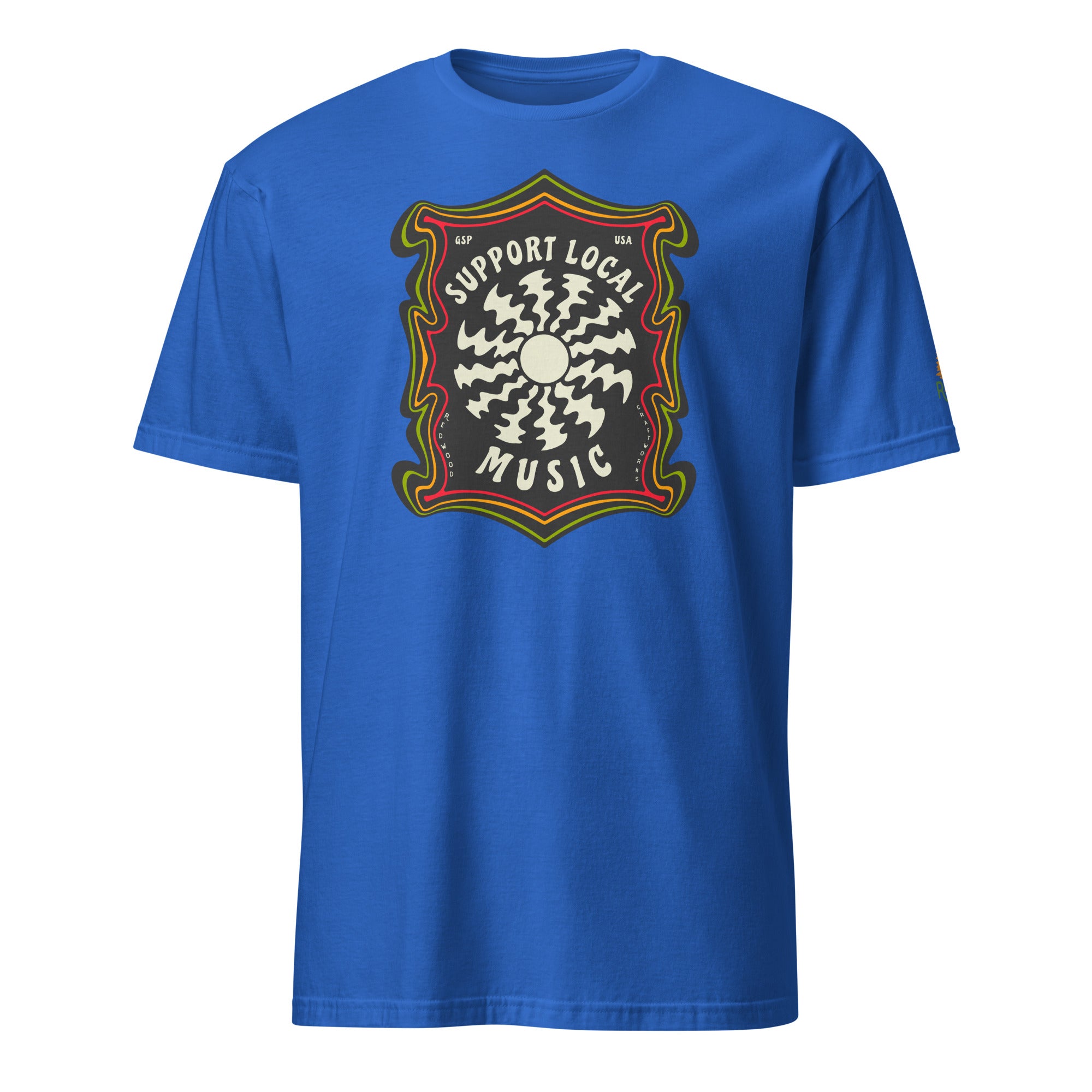 Product mockup of Support Local Music | Groovy Record Tee in Royal Blue