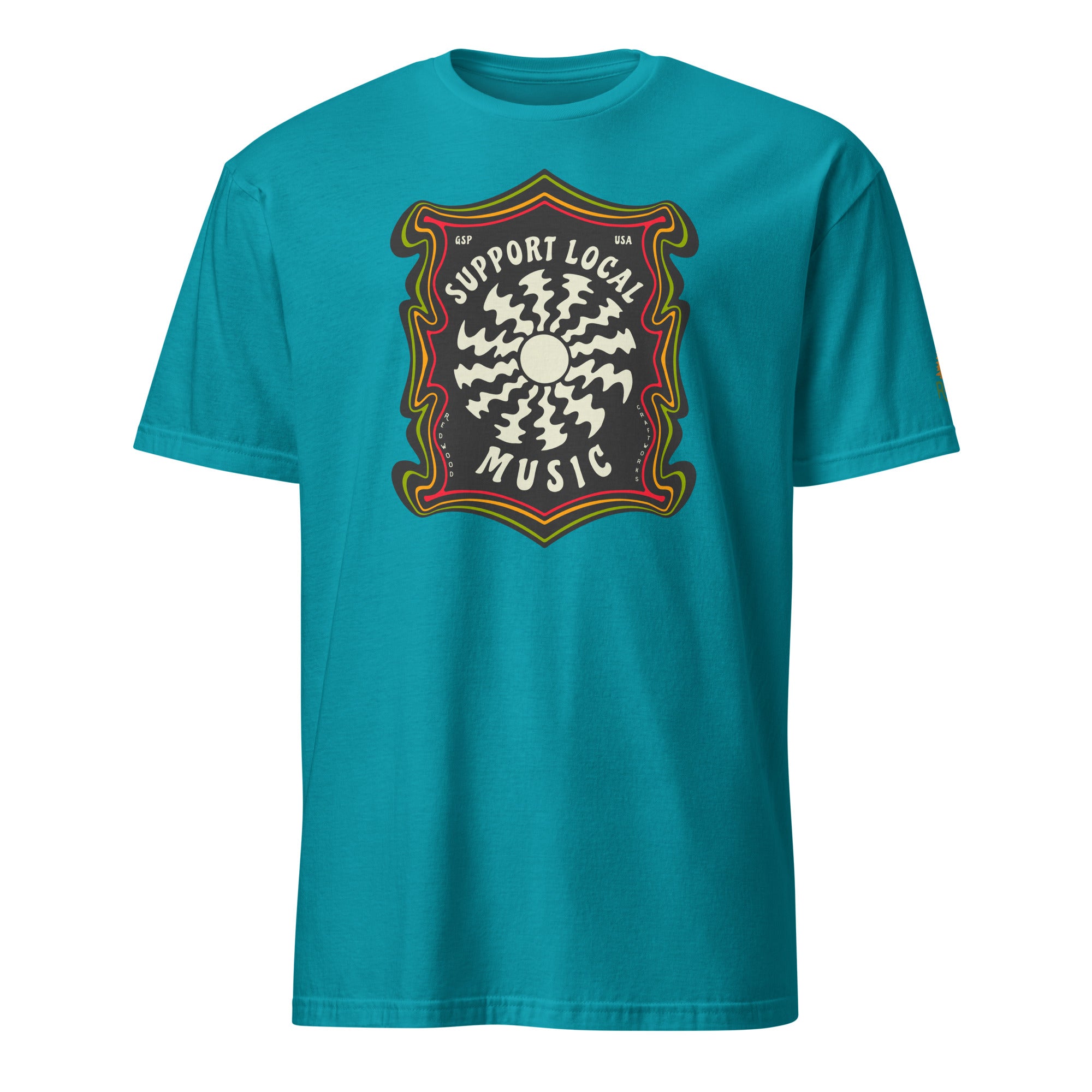 Product mockup of Support Local Music | Groovy Record Tee in Tropical Blue