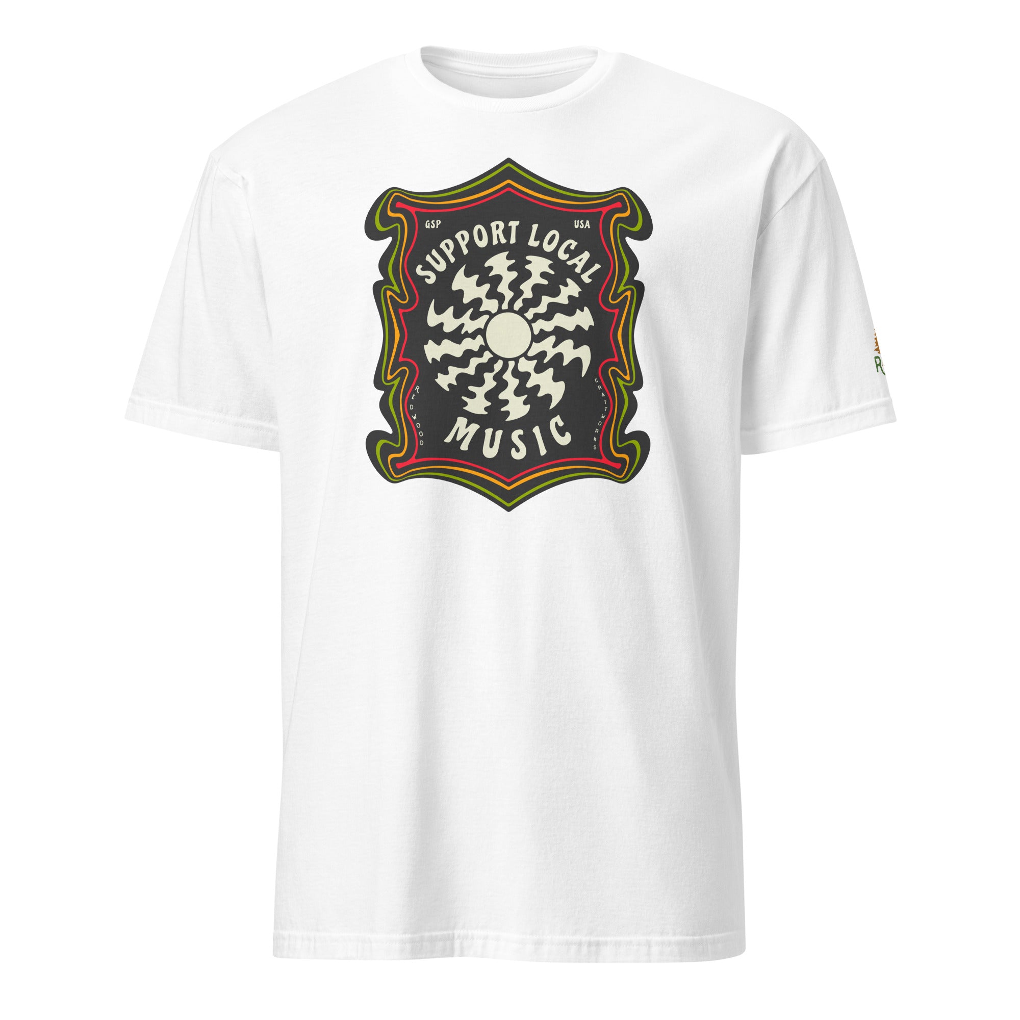 Product mockup of Support Local Music | Groovy Record Tee in White