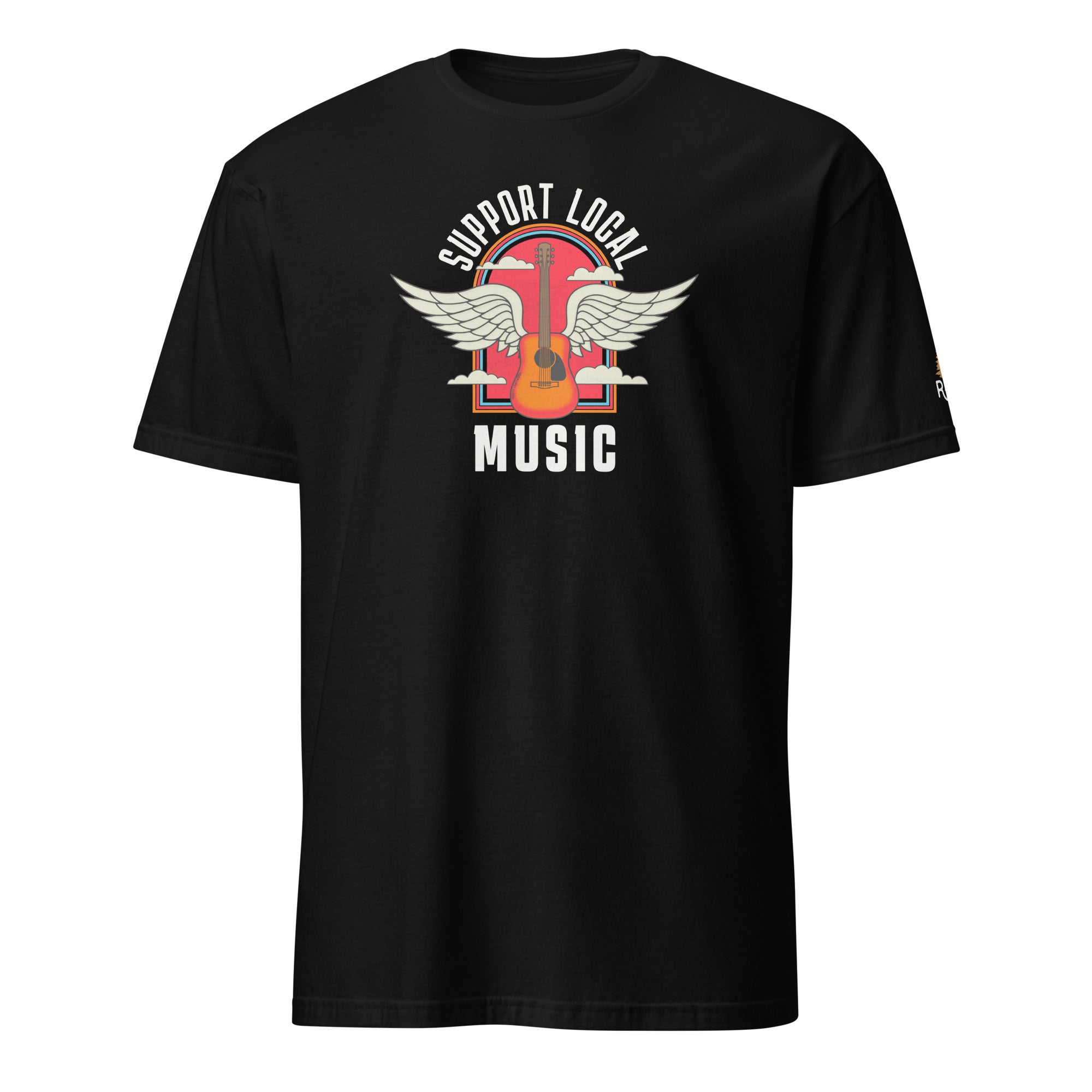Product mockup of Support Local Music | Guitar Wing Tee in Black