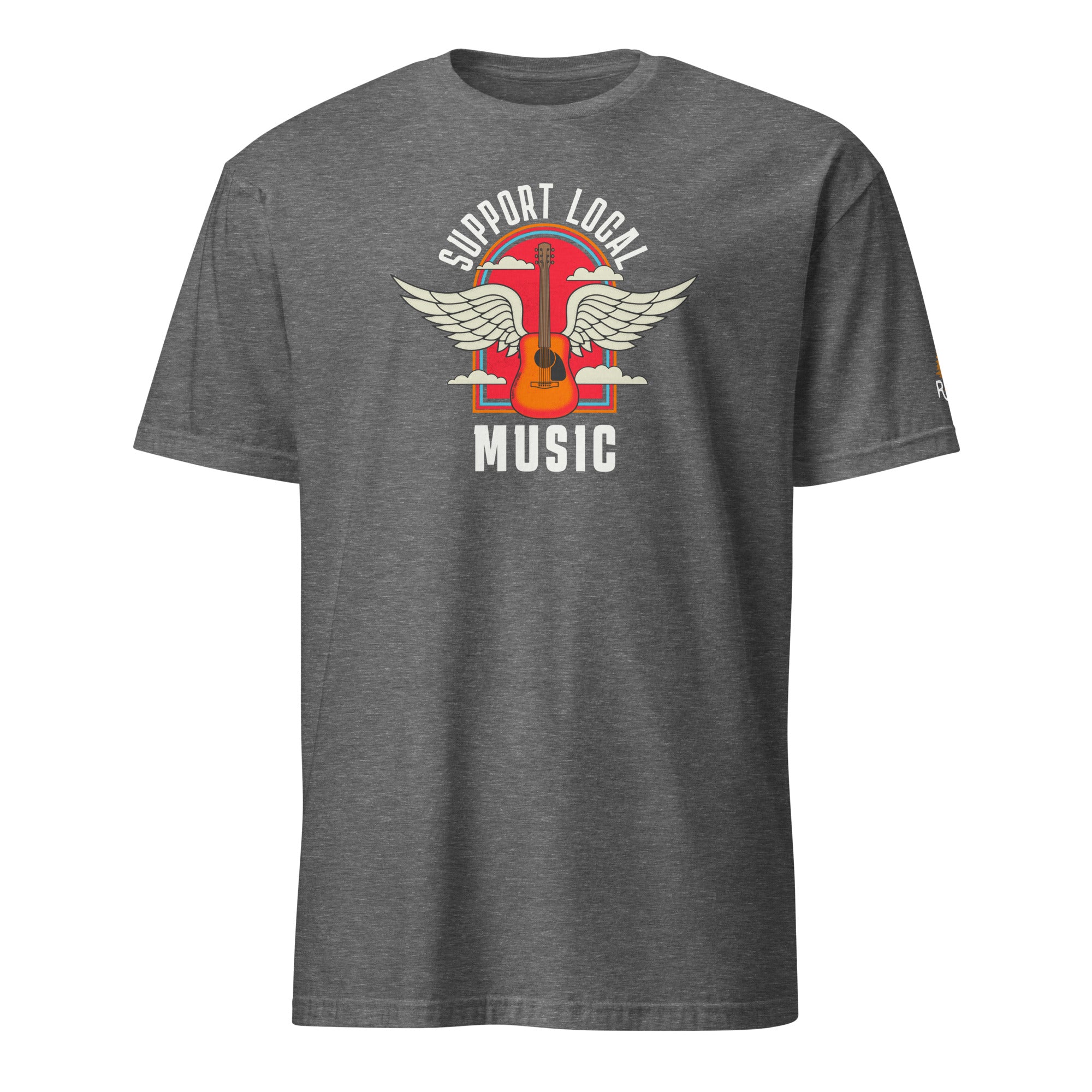 Product mockup of Support Local Music | Guitar Wing Tee in Graphite Heather
