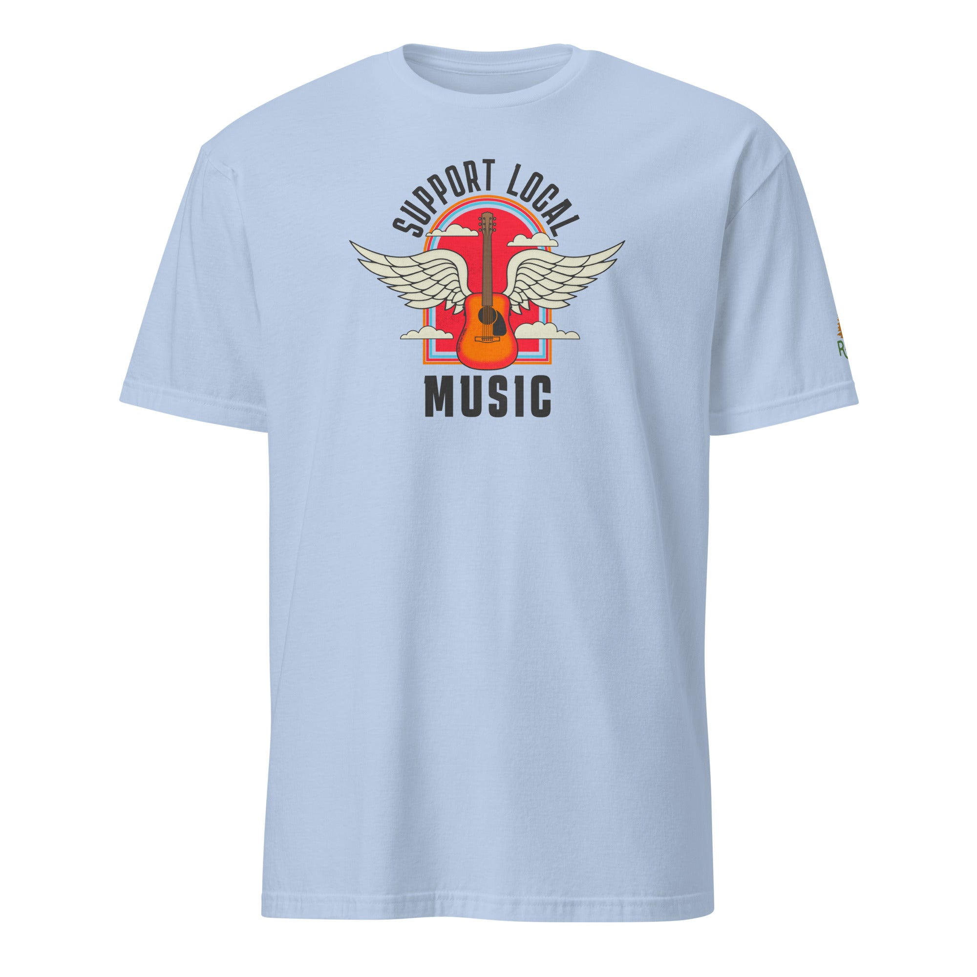 Product mockup of Support Local Music | Guitar Wing Tee in Light Blue