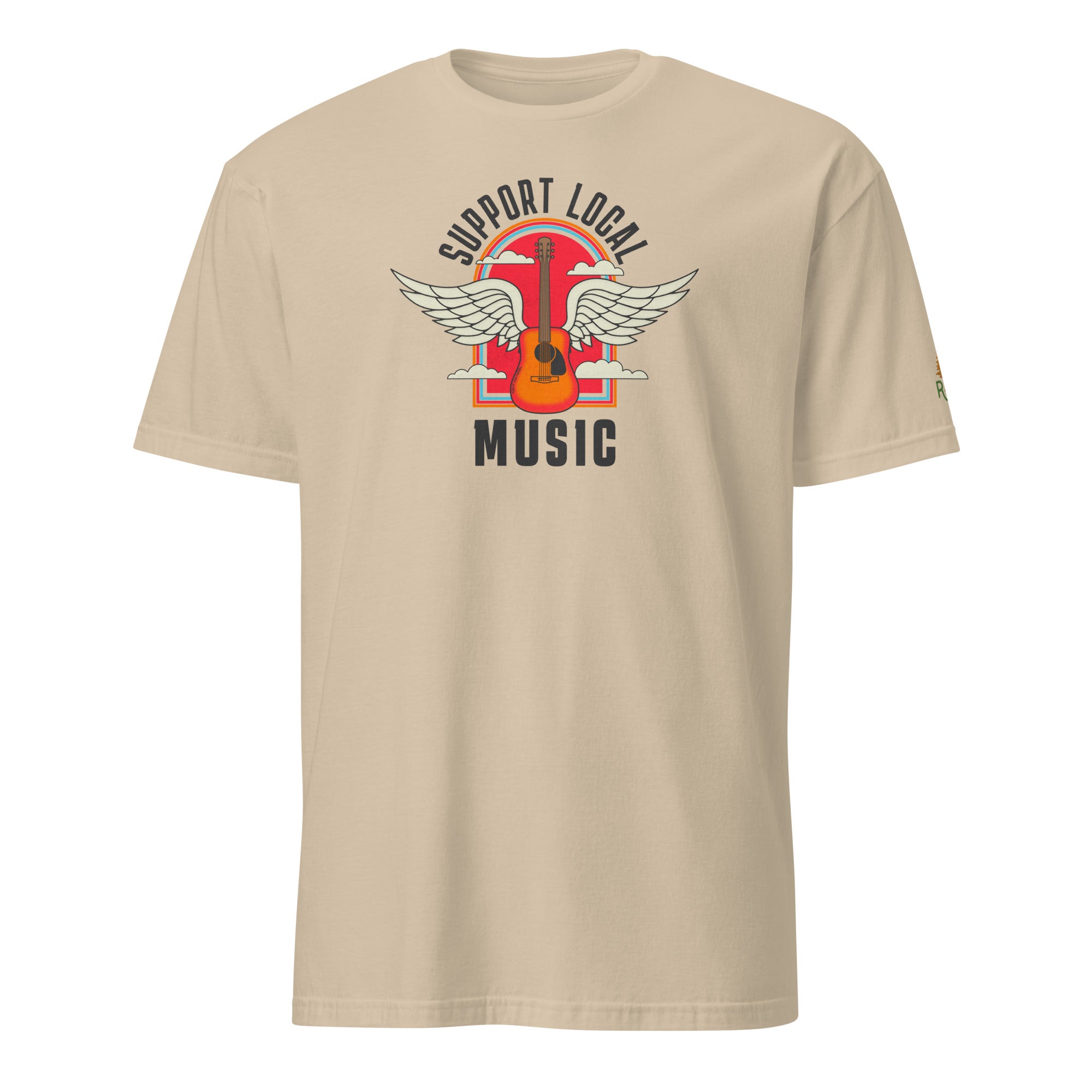 Product mockup of Support Local Music | Guitar Wing Tee in Sand