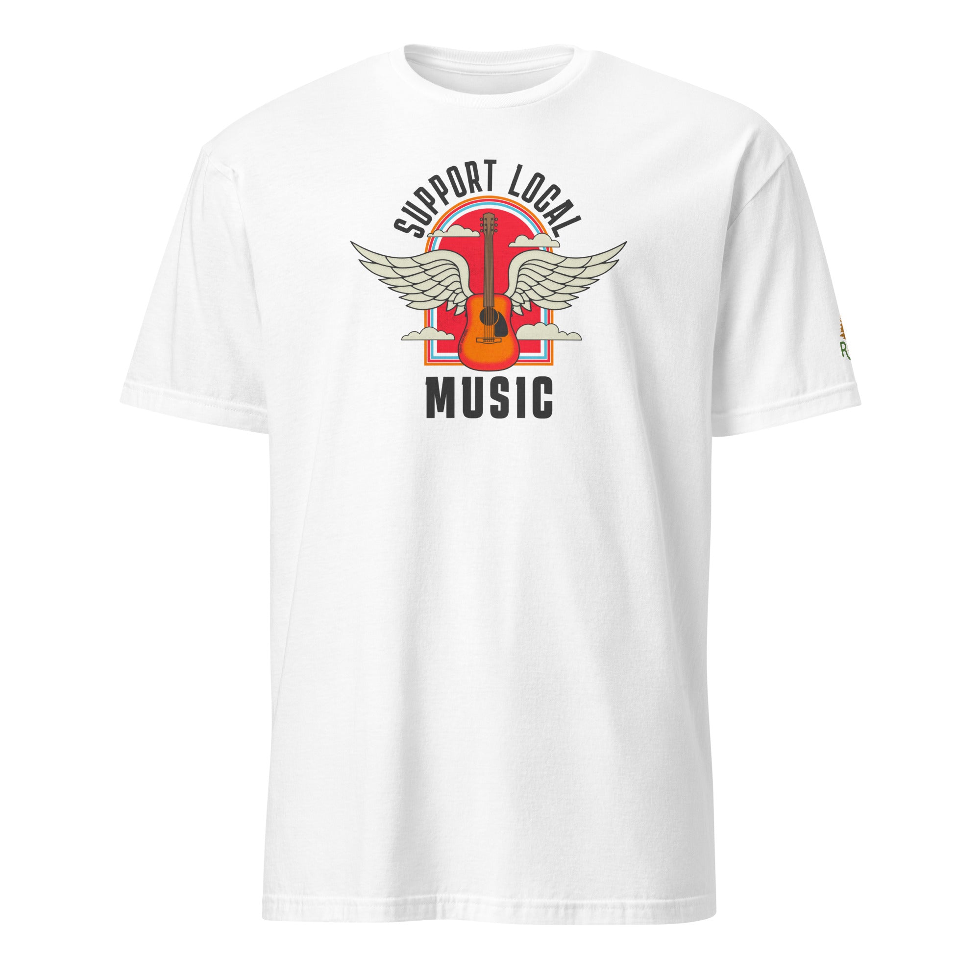 Product mockup of Support Local Music | Guitar Wing Tee in White