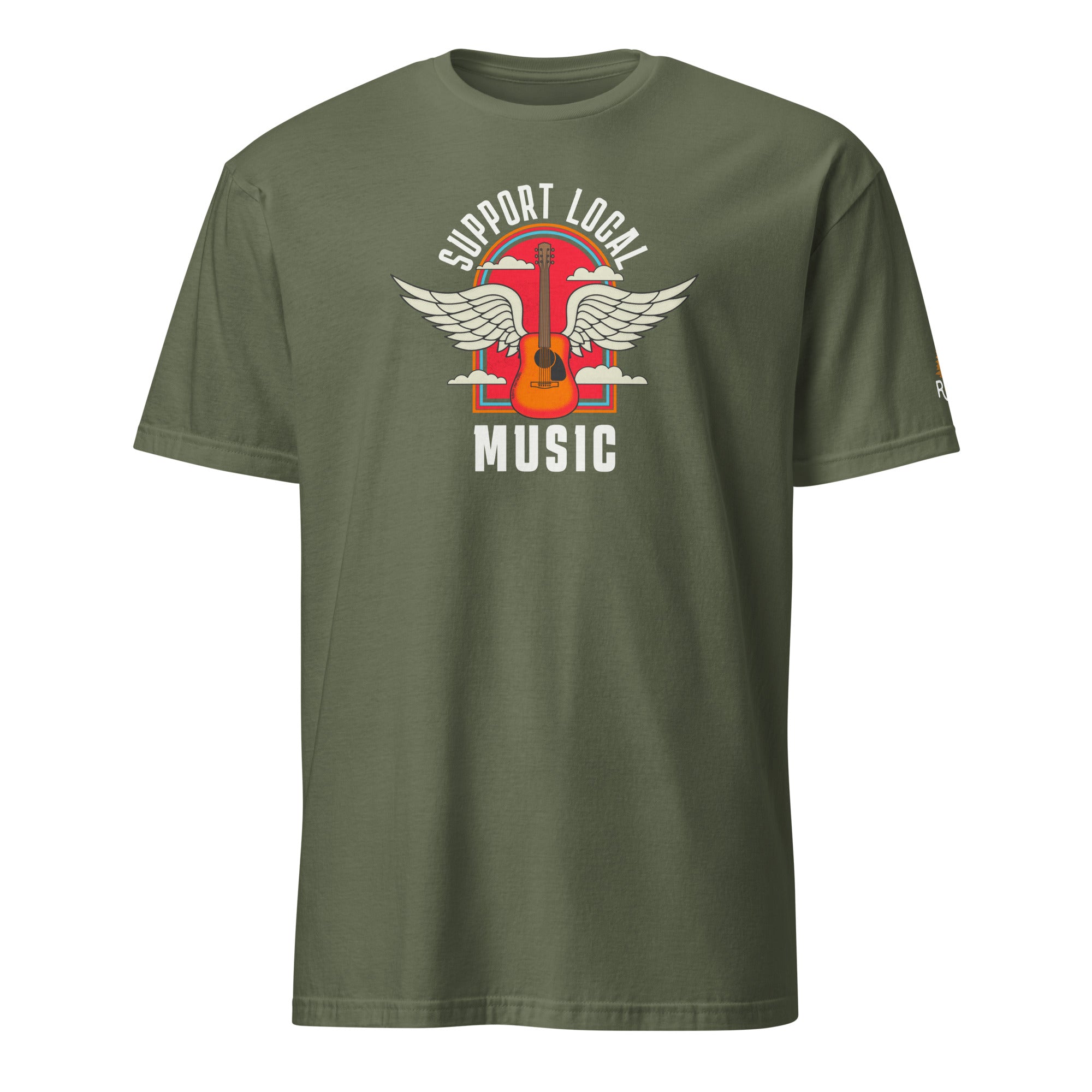 Product mockup of Support Local Music | Guitar Wing Tee in Military Green