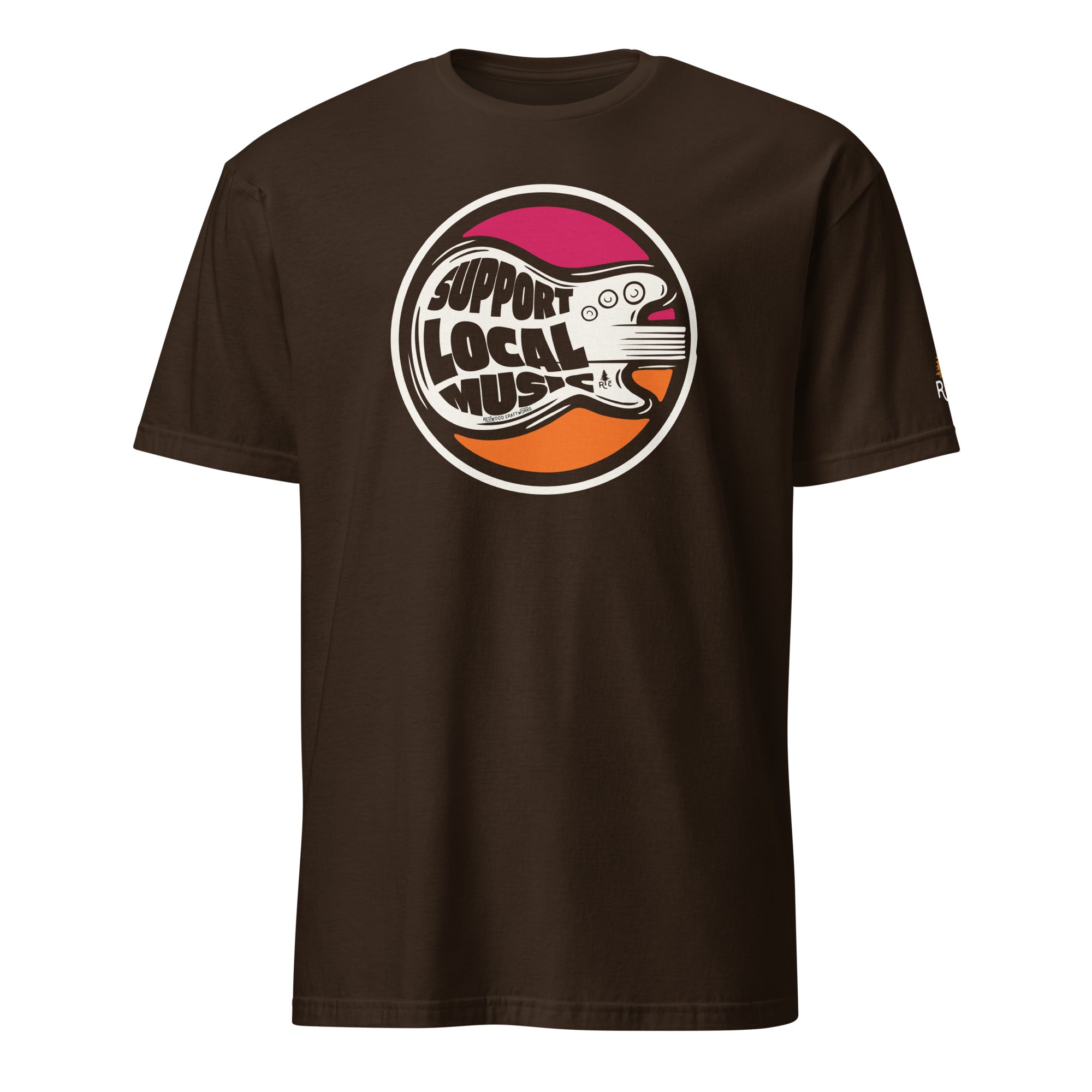 Product mockup of Support Local Music | Soda Guitar Tee in Dark Chocolate