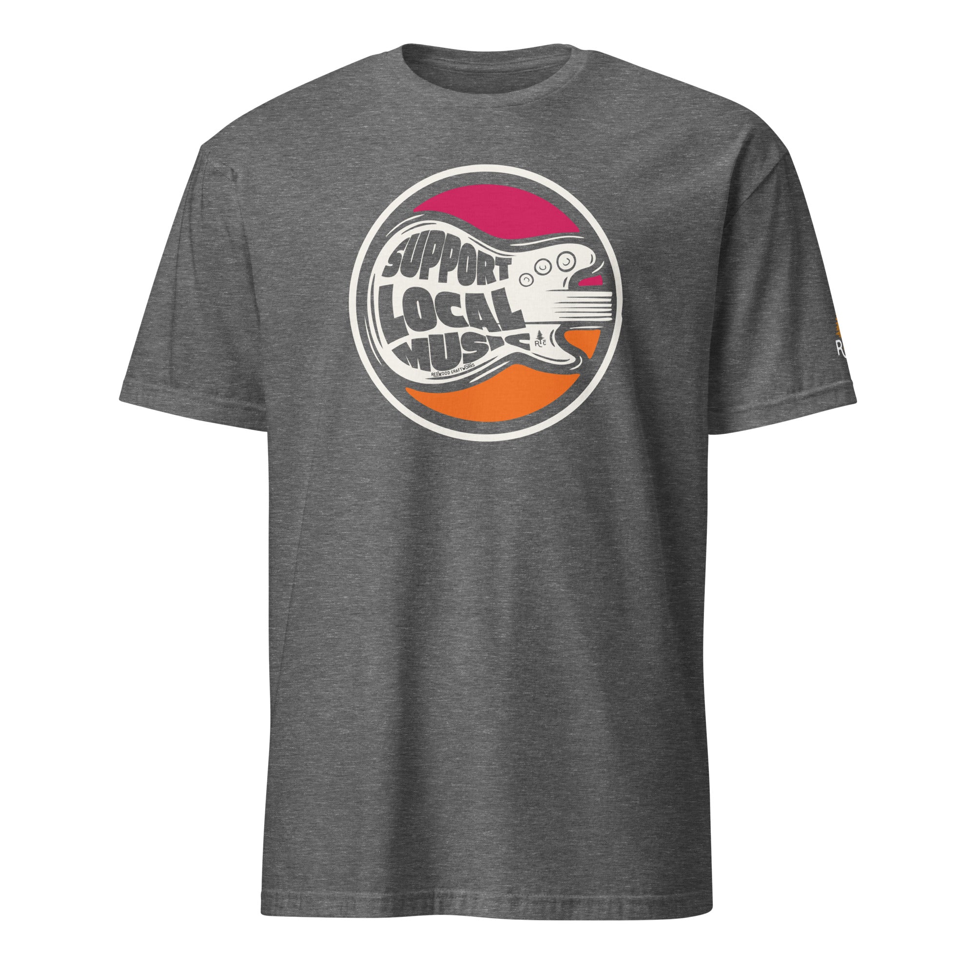 Product mockup of Support Local Music | Soda Guitar Tee in Graphite Heather