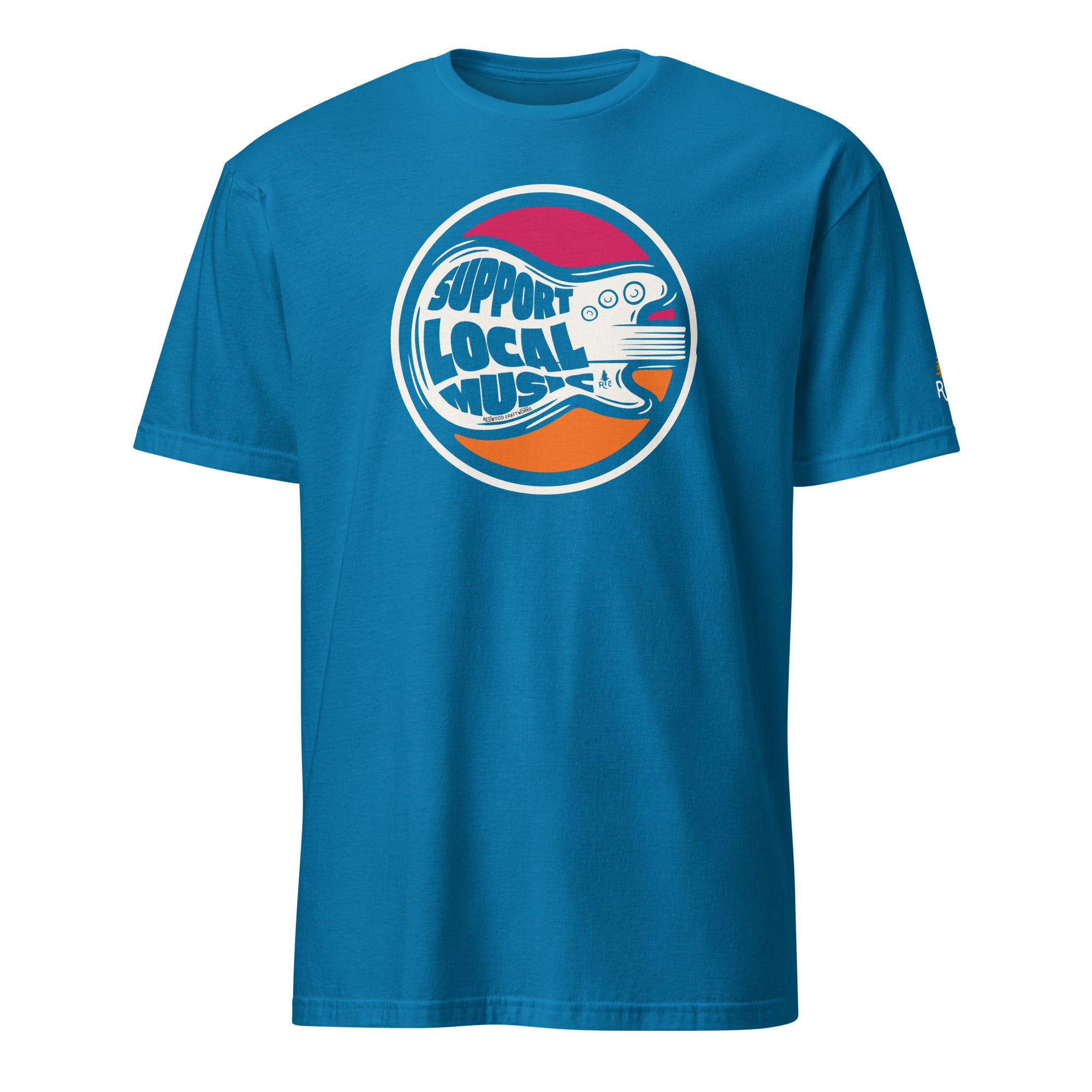 Product mockup of Support Local Music | Soda Guitar Tee in Sapphire