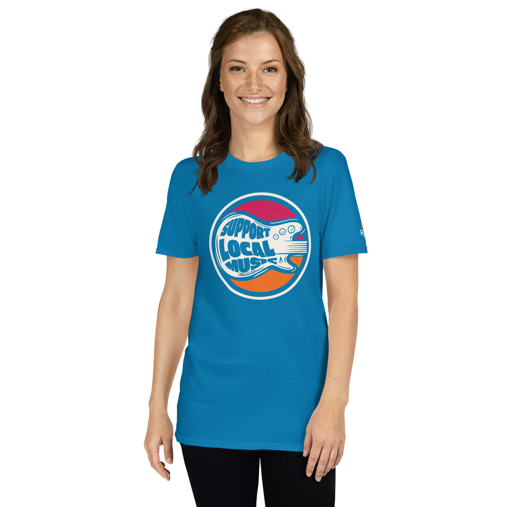 Product mockup of woman wearing Support Local Music | Soda Guitar Tee in Sapphire