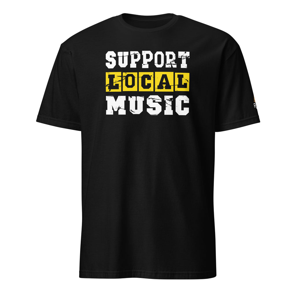 Product mockup of Support Local Music | Vintage Stencil Tee in Black