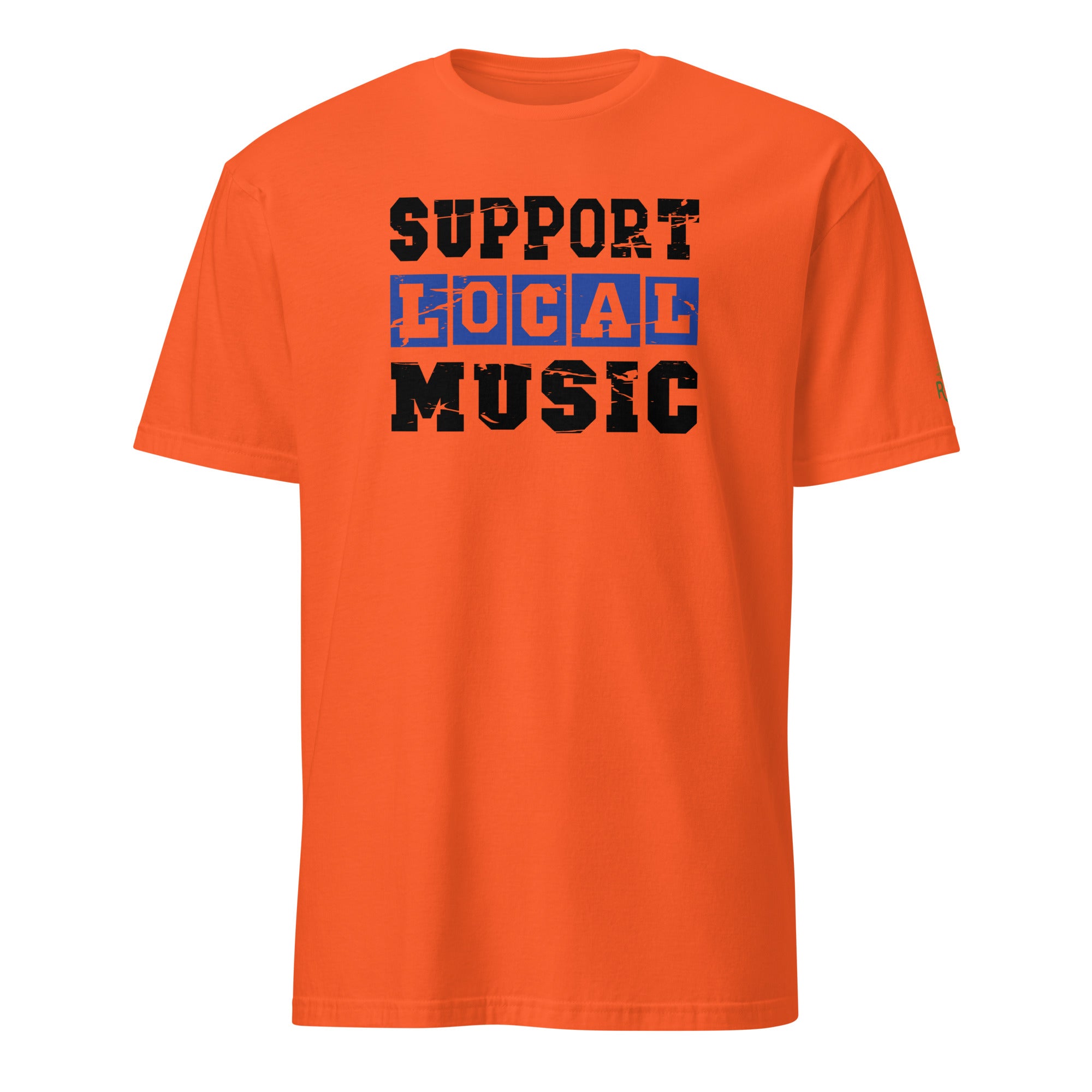 Product mockup of Support Local Music | Vintage Stencil Tee in Orange