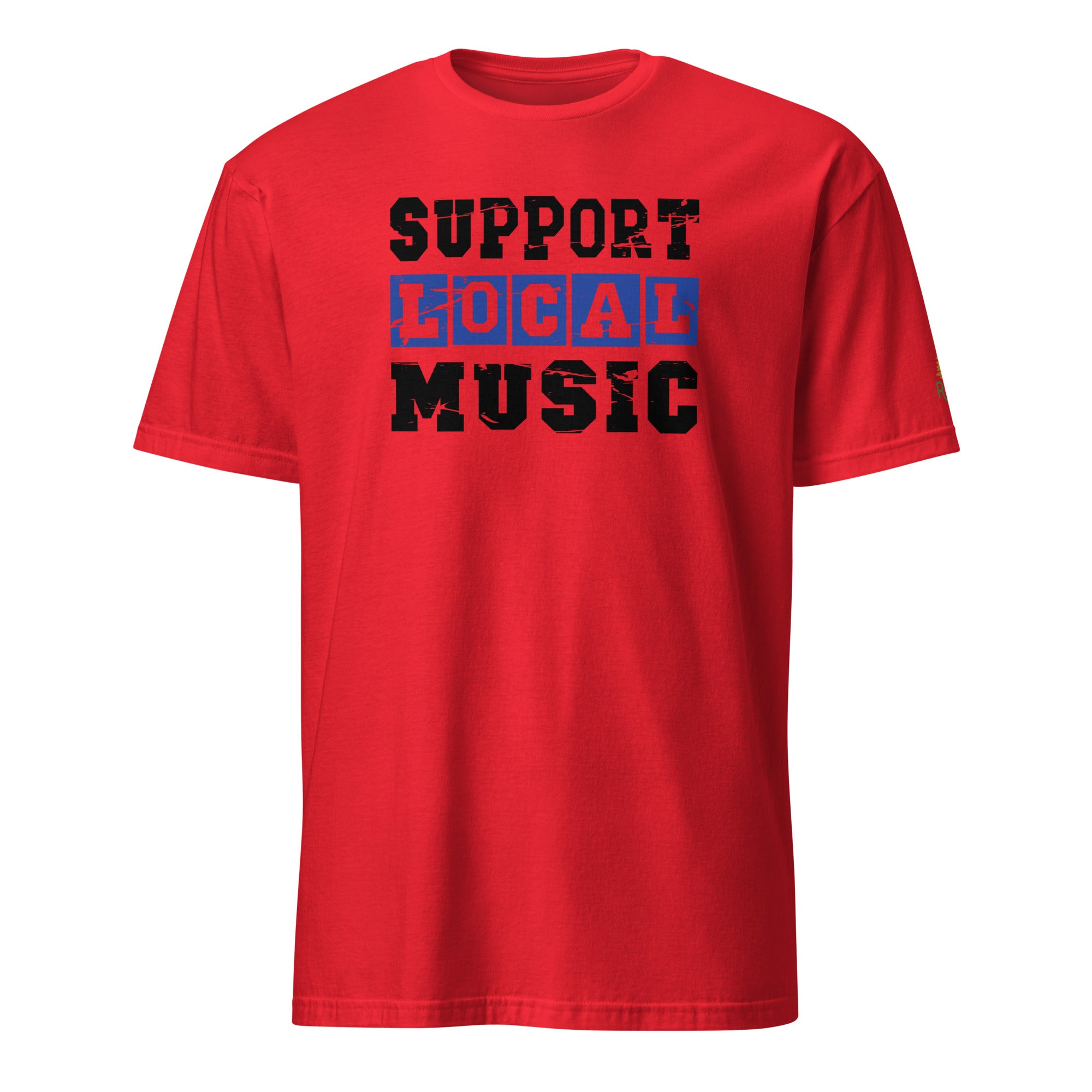 Product mockup of Support Local Music | Vintage Stencil Tee in Red
