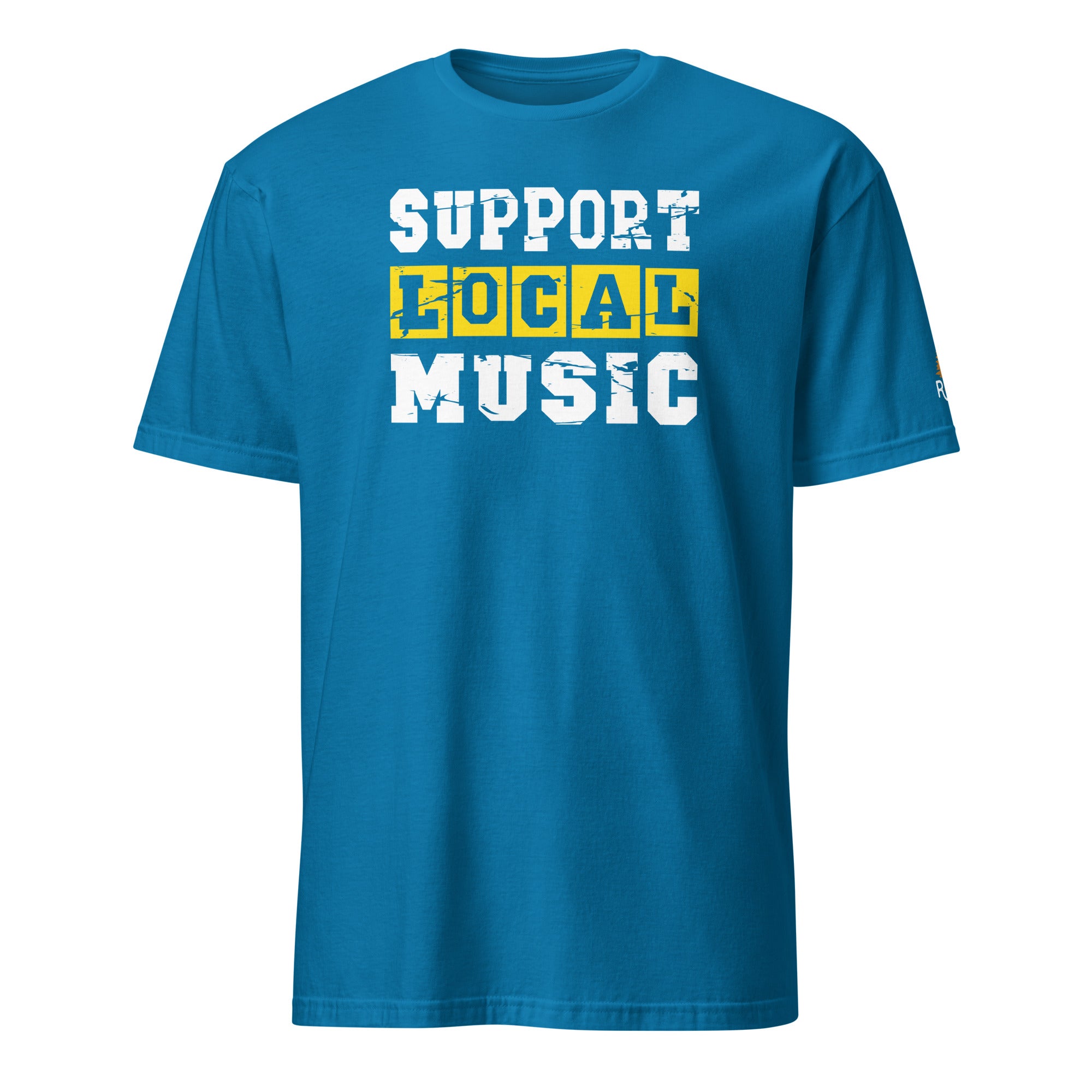 Product mockup of Support Local Music | Vintage Stencil Tee in Sapphire
