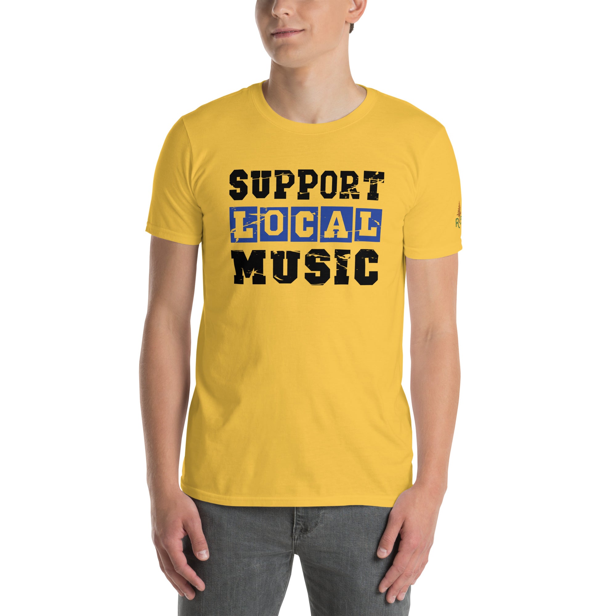 Product mockup of man wearing Support Local Music | Vintage Stencil Tee in Daisy